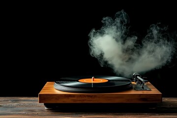 Fototapeta premium Vintage Turntable with Spinning Vinyl Record and Smoke Effect on Dark Background for Music and Nostalgia Themes