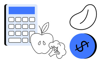 Calculator with blue display, apple, broccoli, dollar sign in blue circle, and kidney bean. Ideal for budgeting, healthy eating, diet planning, financial management nutrition cost analysis meal