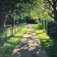Obraz premium Sunlit path, trees, park, summer stroll