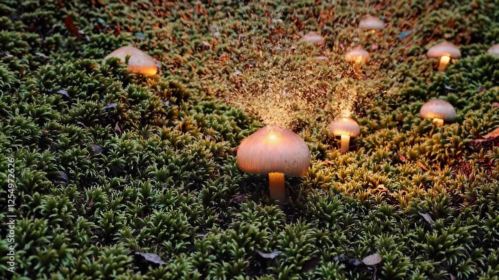 Aufkleber bioluminescent mushrooms pulsating with warm light in a mystical forest, surrounded by gently swayin