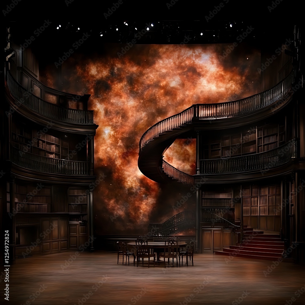 Aufkleber ethereal library with spiraling staircase and celestial backdrop a sanctuary of knowledge and wonder