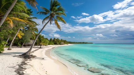 Tropical Paradise: A breathtaking view of a pristine beach with white sand, turquoise water, and swaying palm trees.
