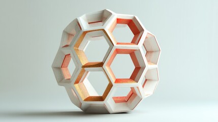 Fototapeta premium Abstract white and orange geometric sphere with honeycomb structure.