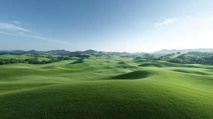 Obraz premium Rolling green hills landscape, sunny day, pastoral scene, nature background, website design