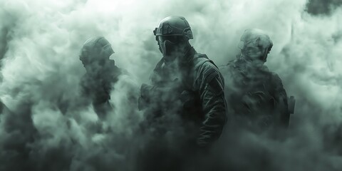 Military soldiers in tactical gear emerging from smoke, showcasing stealth and readiness