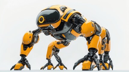 Yellow robotic quadruped, futuristic design, isolated on white.