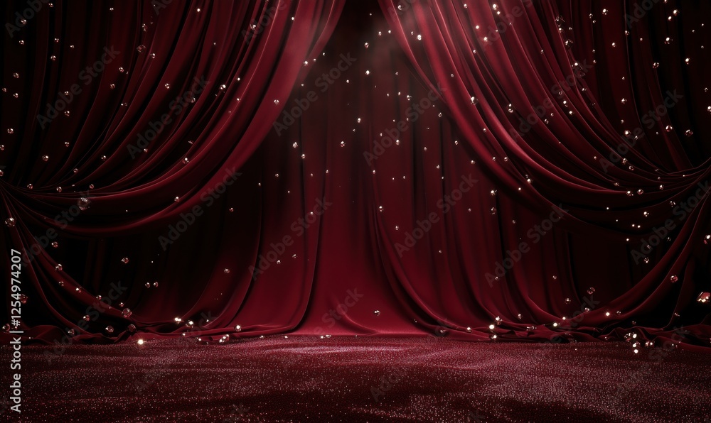 Poster red velvet curtains with sparkling lights and shimmering floor for theatrical performance