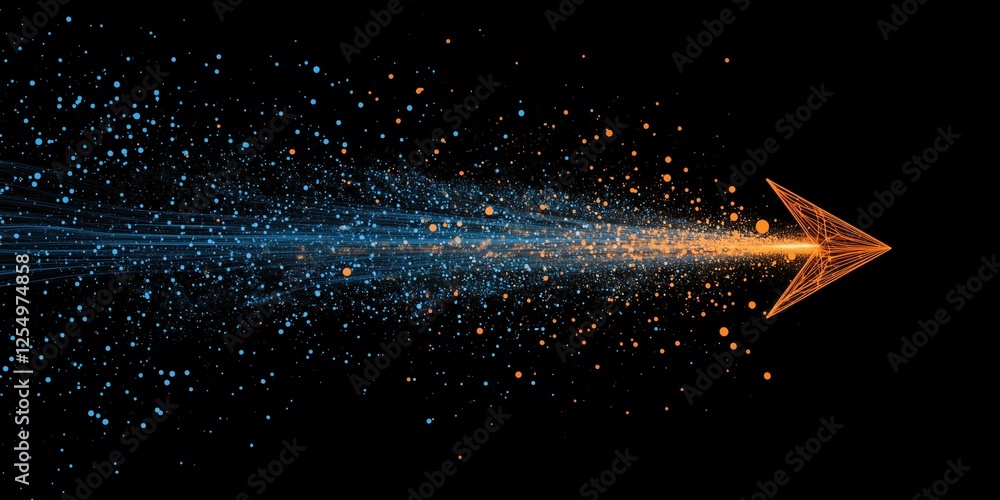 Poster dynamic arrow design with blue and orange particles representing movement and direction