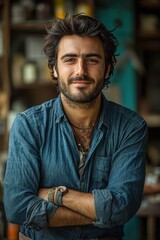 Obraz premium Smiling man poses confidently in a casual shirt inside a cozy urban cafe while showcasing a relaxed attitude