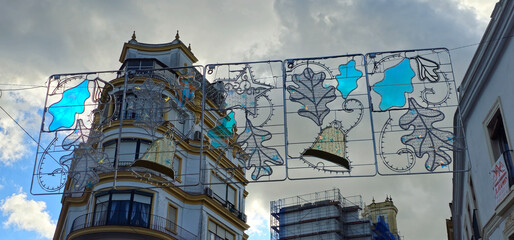 Jerez de la Frontera; festive decorations with metal frames, blue glass panels, oak leaves, and...