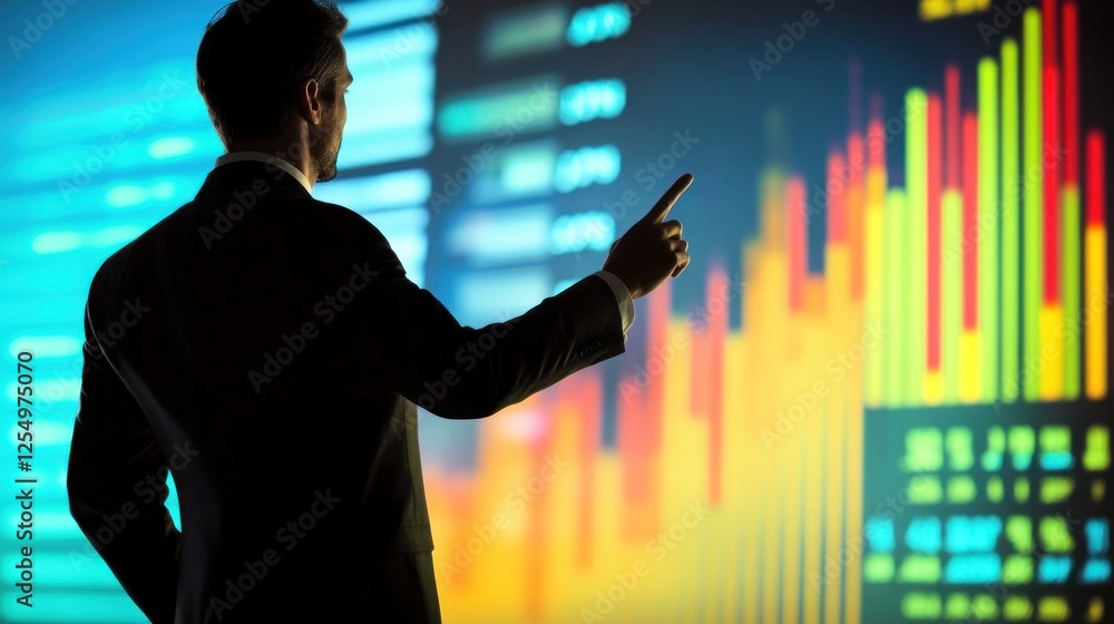 Poster businessman analyzing data on a large screen, pointing at graphs and charts.