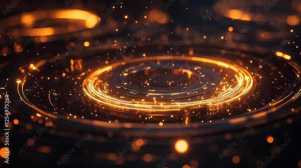 Poster glowing concentric circles with sparks and bokeh.