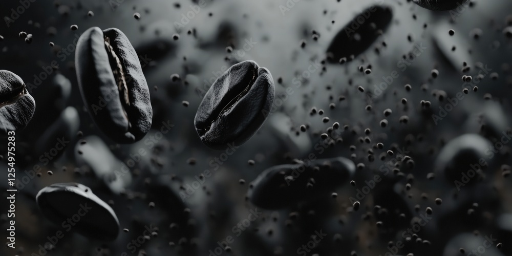 Poster floating coffee beans in dark atmosphere with particles and depth of field effects