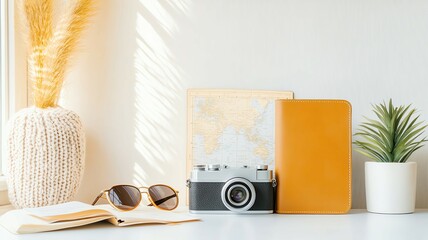 Flat Lay Travel essentials on a bright table.