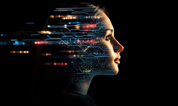Digital Transformation Portrait of Woman with Futuristic Technology Elements