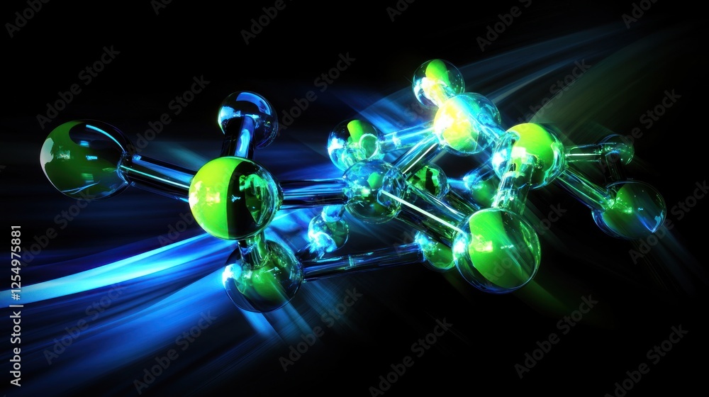 Poster abstract 3d rendering of glowing green and blue molecule structure against dark background.