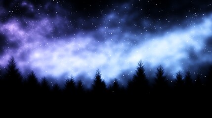 Ethereal Night Sky over Silhouetted Forest of Evergreen Trees against Starlit Cosmic Canvas