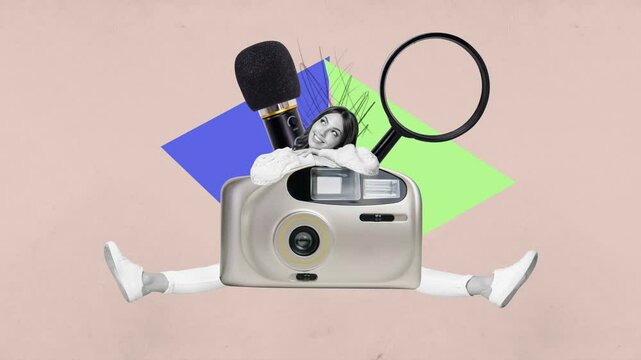 Creative motion art collage of happy girl sit retro camera shooting microphone interview podcaster magnifier lens cadre