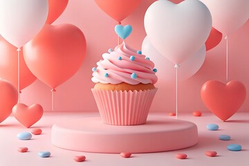 Whimsical Valentine’s Day Cupcake with Heart Decorations and Pastel Swirls on Elegant Pink Display