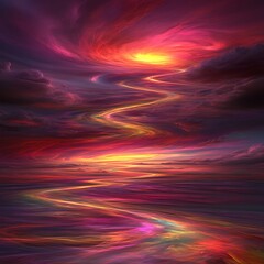Obraz premium Ethereal Pathway to Celestial Sunset Above Calm Mystical Water Surface Dreamscape Art Creation