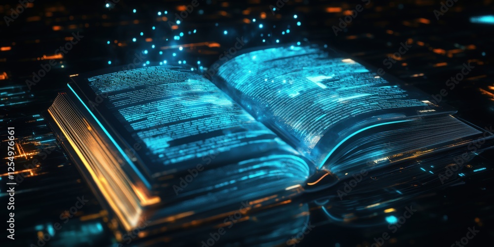 Poster digital book with glowing text and data streams in futuristic environment
