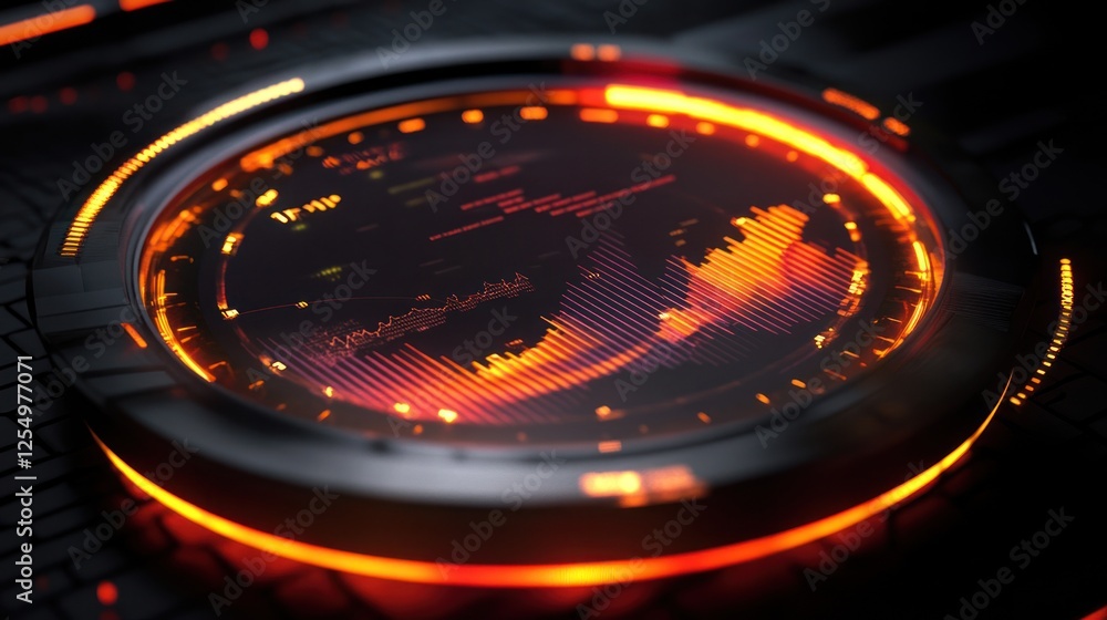 Poster futuristic hud display with glowing orange ring and data visualization.