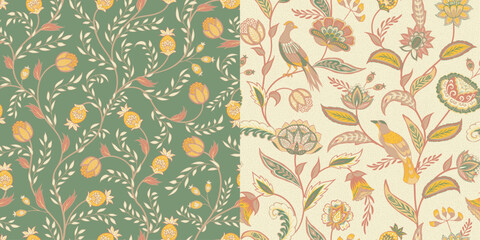 A set of two seamless patterns in the style of Jacobean embroidery with warm shades of spring, birds and flowers.