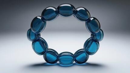 Abstract blue glass beads forming a circle on a light gray background.