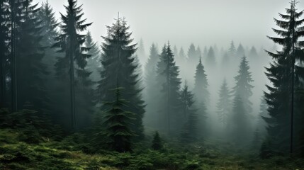 evergreen trees with fog