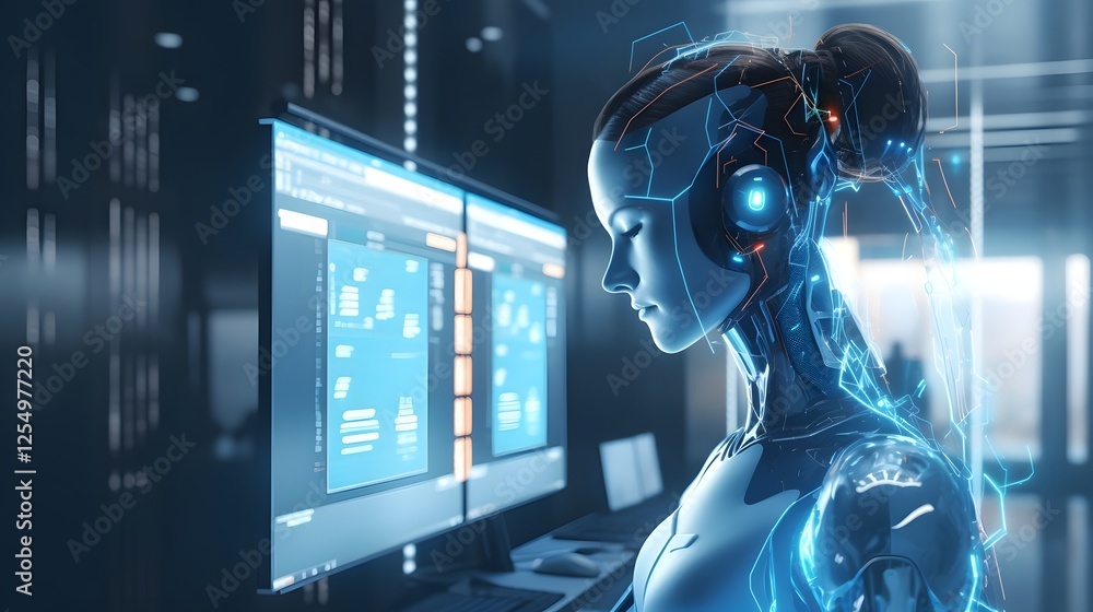 Poster futuristic ai powered fintech chatbot floating in a sleek and modern digital banking environment