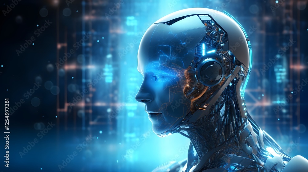 Poster futuristic ai powered fintech chatbot floating in a digital banking environment featuring a neon blu
