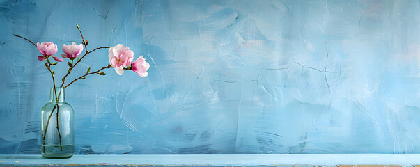 pink flowers in glass vase on old white cracked, background for text space.