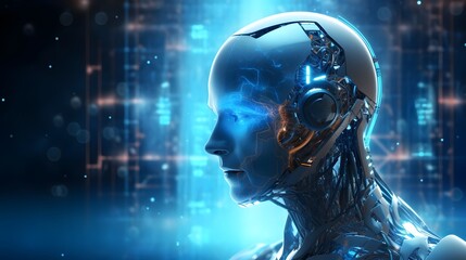 Futuristic AI powered fintech chatbot floating in a digital banking environment featuring a neon blue holographic interface showcasing advanced financial technology data analytics