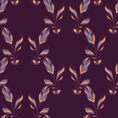 Floral autumn seamless pattern. Striped exotic tropical leaves on a burgundy wine background. Exquisite vintage hand drawn wallpaper. Nature forest texture.