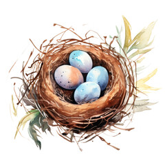Obraz premium watercolor illustration: colorful easter eggs in nest isolated on white or transparent png