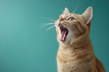 Charming orange cat yawning against a vibrant teal background showcasing a playful moment
