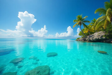 Tranquil Tropical Paradise It reflects the peaceful and beautiful scene of clear waters and palm trees.