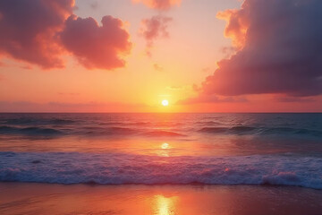 Beautiful sunset over the sea with vibrant orange and red skies, reflecting on the water, gentle waves on the beach at dusk, a peaceful and serene coastal scene in summer
