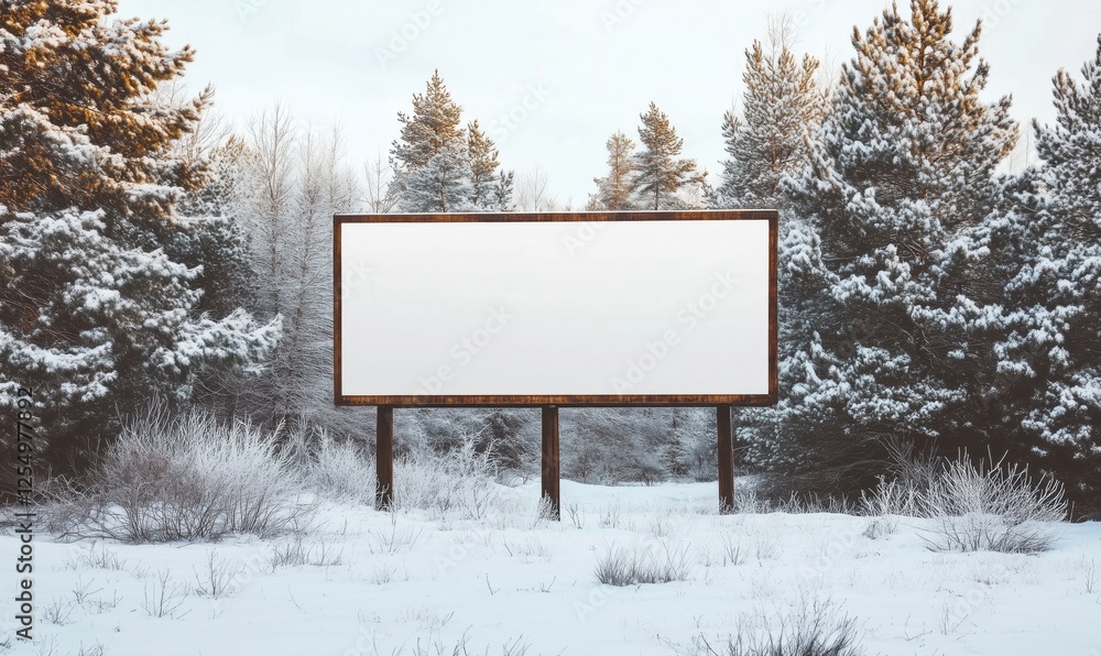 Poster empty billboard in snowy forest landscape surrounded by pine trees