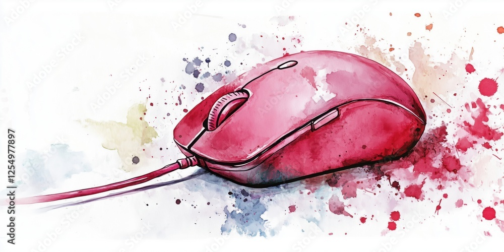 Poster pink computer mouse illustration with watercolor splashes and artistic design