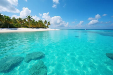 A tropical beach paradise with crystal clear waters, palm trees, and a stunning view of the blue-green sea under a cloudy sky in the Maldives or the Caribbean, perfect for a summer holiday getaway