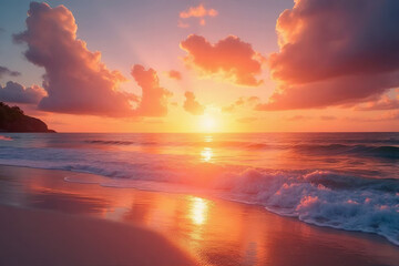 Sunset over the ocean with vibrant colors reflecting on the water, a beautiful beach scene at dusk with clear skies and soft clouds