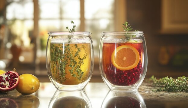 Two infused water drinks in glass jars with fruit and herbs. - Powered by Adobe