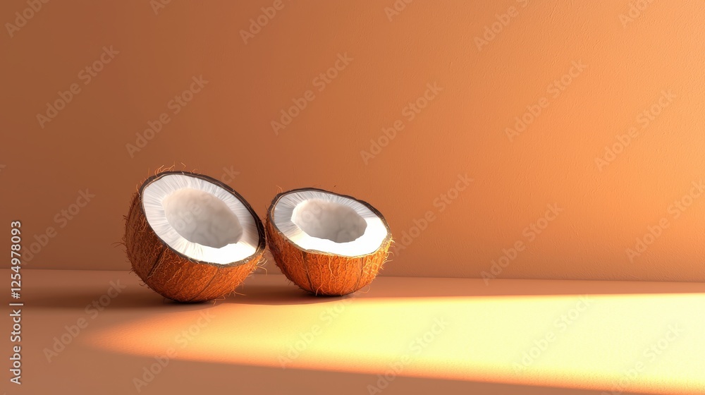 Poster minimalist 3d rendering of a coconut cut in half with smooth shell and creamy interior on a warm bac