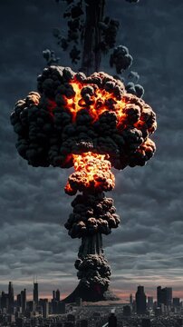  An epic nuclear explosion with a massive mushroom cloud rising in a desert terrain, shockwaves rippling across the cracked ground in a dramatic apocalyptic scene