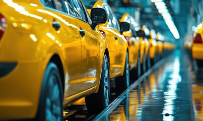 Yellow taxis lined up in automotive factory showcasing production process and assembly line