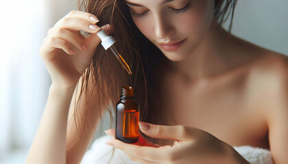 Fototapeta premium Healthy A soft-focus image of a person using a dropper to apply oil to their scalp