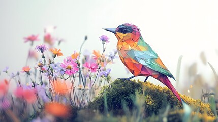 Fototapeta premium Colorful abstract art of a bird perched on a mossy branch 