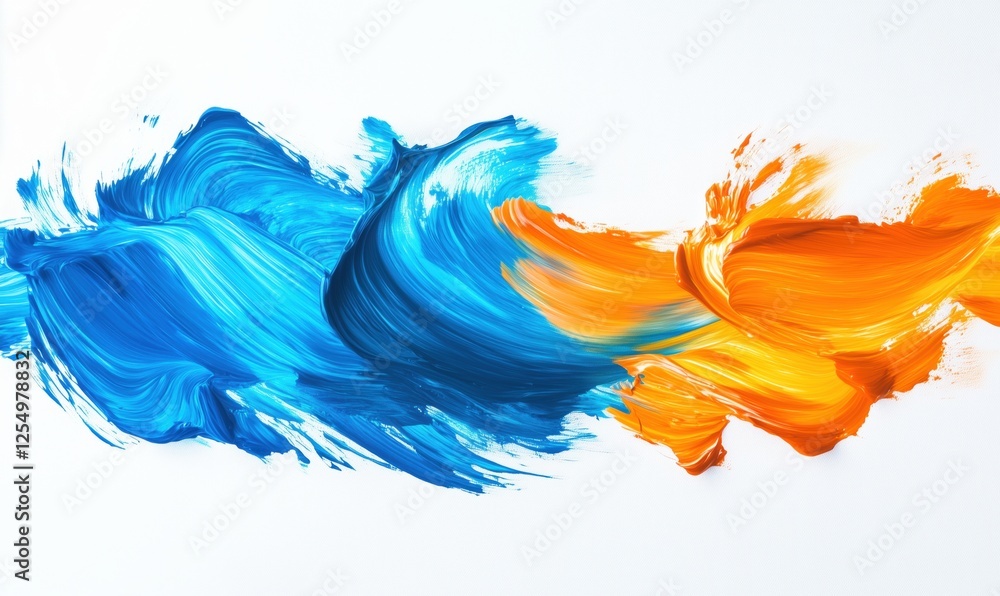 Poster vibrant blue and orange abstract paint swirls creating dynamic visual flow