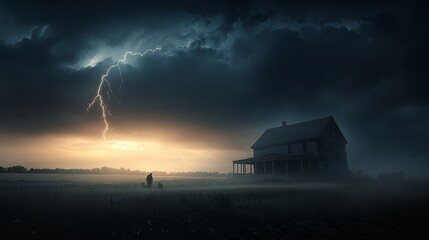 Rain and thunderstorms nature clouds, A dramatic scene of a farmhouse under dark storm clouds with lightning illuminating the sky.